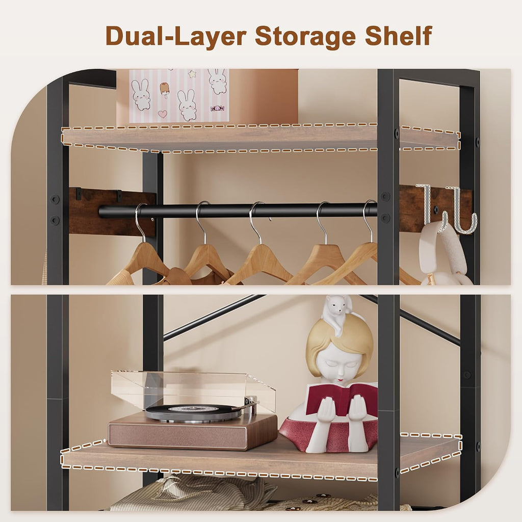 Space-Saving Coat Rack with Tilt Out Laundry Basket, Clothes Garment Rack with Shelves, X-Shaped Sturdy Structure Freestanding Hall Tree Laundry Hamper for Bedroom Laundry Room Bathroom, Brown