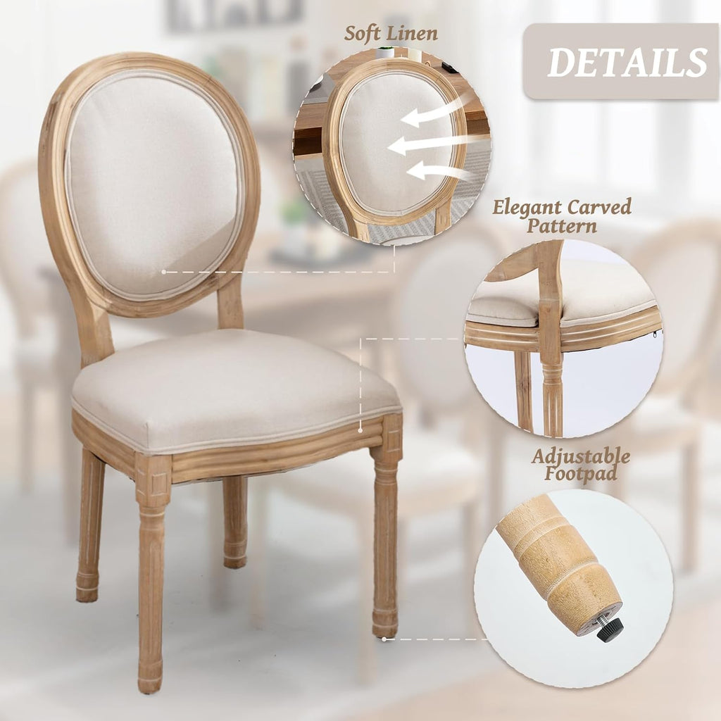 French Country Dining Chairs Set of 2,Farmhouse Upholstered Dining Room Chairs with Round Back and Solid Leg,Fabric Kitchen Side Chairs for Kitchen/Bedroom/Dining Room,Beige