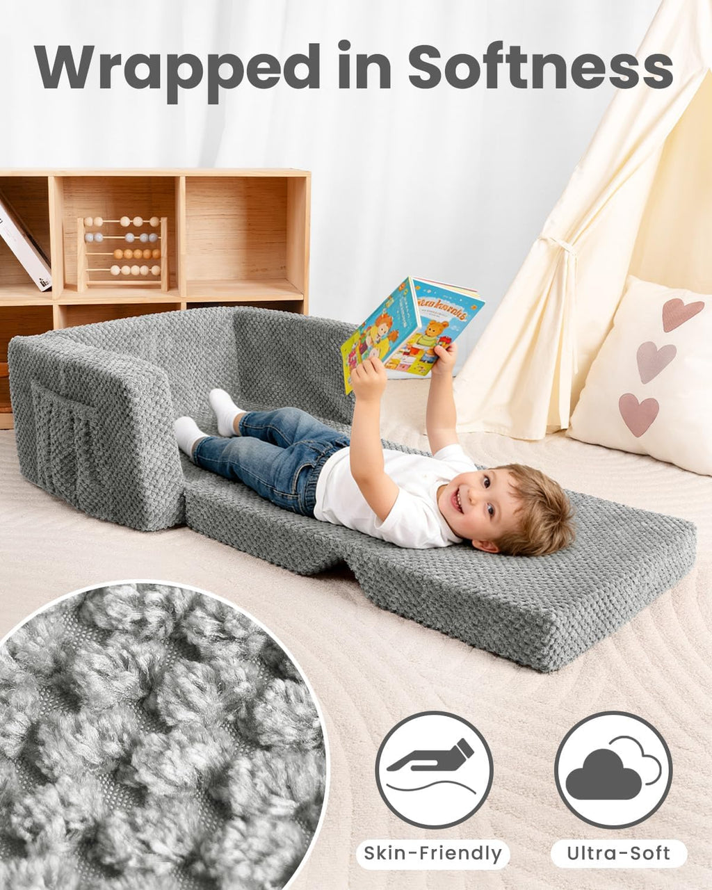 TinyPalsa Foldable Toddler Couch with Soft Sherpa Cover, 2-in-1 Comfy Toddler Sofa & Lounger for 3+ Years Old Girls Boys, Kids Chair with Pockets & Handle for Reading, Playroom (Grey)