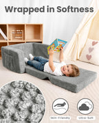 TinyPalsa Foldable Toddler Couch with Soft Sherpa Cover, 2-in-1 Comfy Toddler Sofa & Lounger for 3+ Years Old Girls Boys, Kids Chair with Pockets & Handle for Reading, Playroom (Grey)