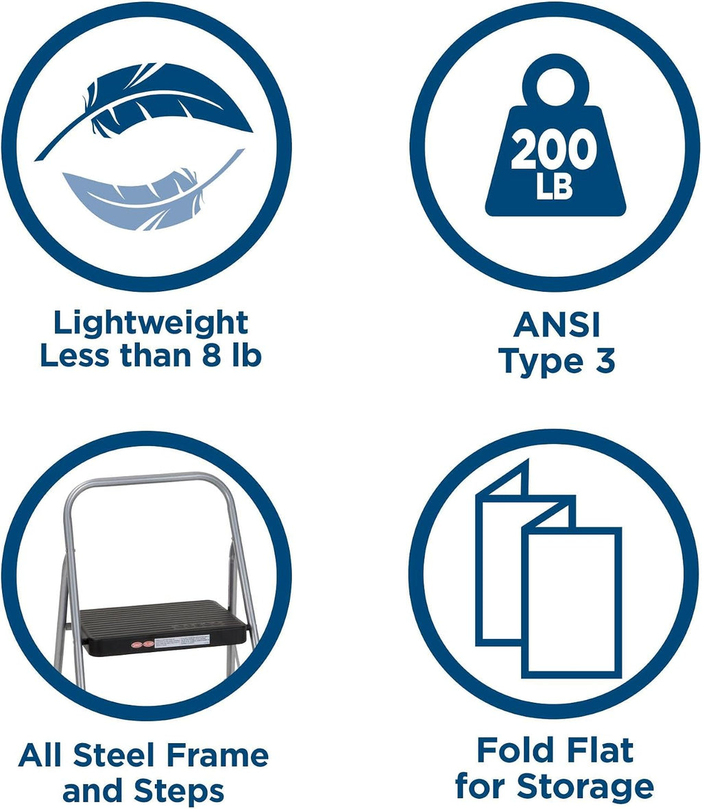 CoscoProducts COSCO 11137PBL1E 2 Household Folding Step Stool, ANSI Type 3, 200 lb Weight Capacity, Platinum