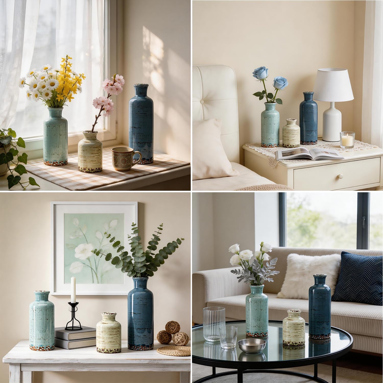 Vintage Ceramic Flower Vase Set of 3, Rustic Farmhouse Vase for Home Decor, Distressed Decorative Vase for Table Entryway Mantel Centerpiece Living Room Bathroom Bedroom (Pale Teal Wood)