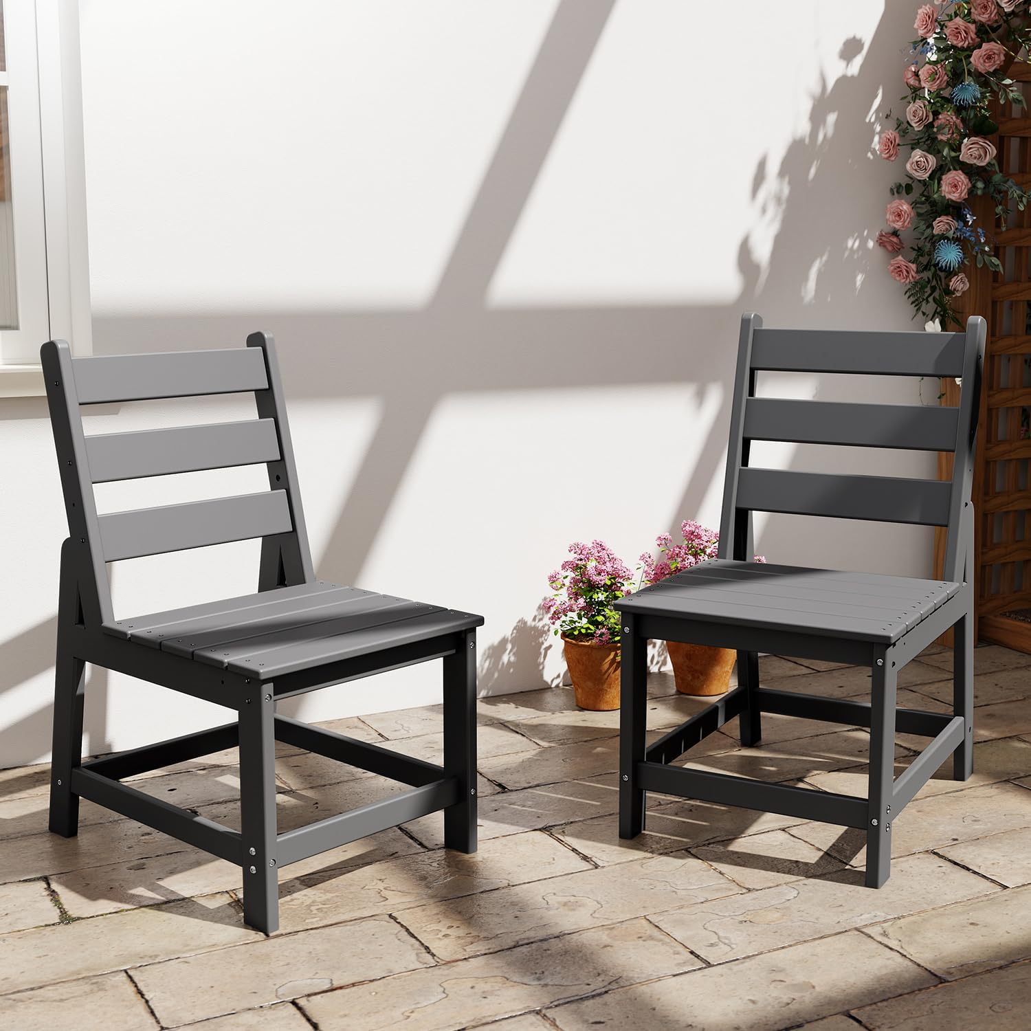 GREENVINES Patio-Chair | Outdoor Dining Chairs Set of 2 | HDPE Plastic | Armless |All Weather | for Backyard Deck Poolside Garden | Grey