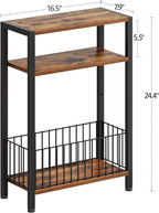 TRIFEBLE Narrow Side Table with Storage Basket, Small End Table for Small Spaces, Slim Sofa Table for Living Room, 3 Tier Bedside Table for Bedroom, Rustic Brown