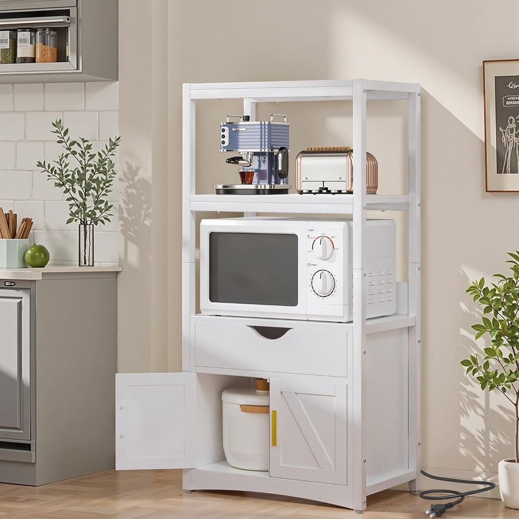 VECELO Kitchen Pantry Cabinet with Charging Station, Freestanding 2-Tier Storage Cupboard, Extra Tall & Wide Microwave Shelf, Farmhouse Style with Drawer, White
