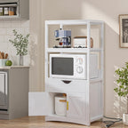 VECELO Kitchen Pantry Cabinet with Charging Station, Freestanding 2-Tier Storage Cupboard, Extra Tall & Wide Microwave Shelf, Farmhouse Style with Drawer, White