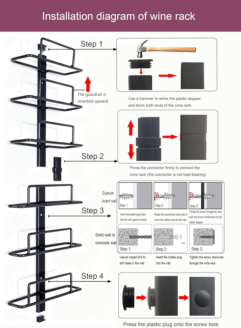 Wall Mount Wine Rack – 9 Bottles – Black Metal Wine Bottle Holder for Wall, Wine Rack Display for Home Bar, Kitchen