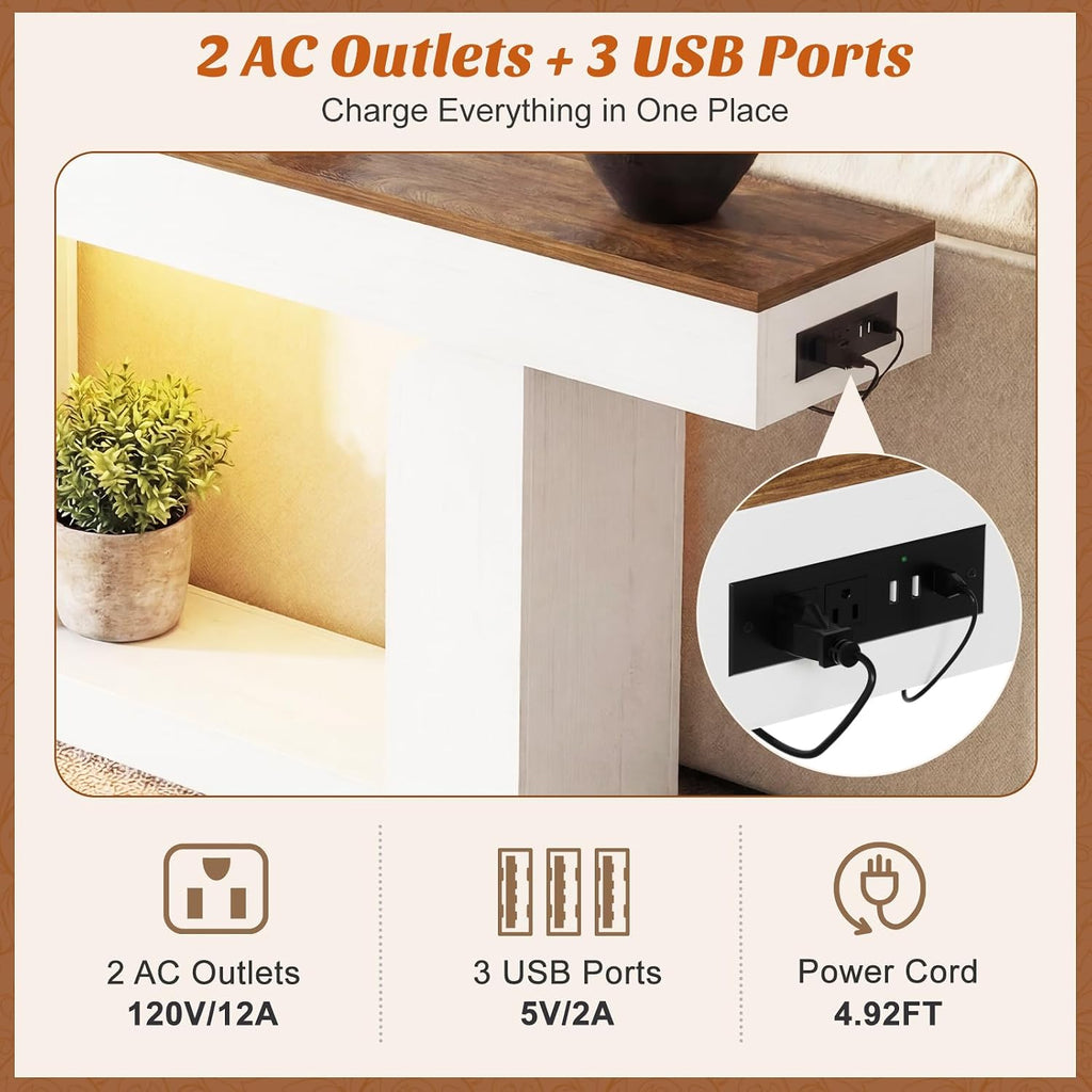 Homieasy Console Table, 47" Entryway Table with LED Lights & Charging Station, Farmhouse Wooden Sofa Table Behind Couch, Narrow Hallway Table for Living Room, Foyer, Entry, Antique White & Brown