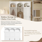 LUMISOL Farmhouse Hall Tree with 3 Hidden Storage for Hallway, Arched Design Mudroom Organizer with Walnut Bench, All-in-One Entryway Bench with Shoe Storage and 5 Hooks, White