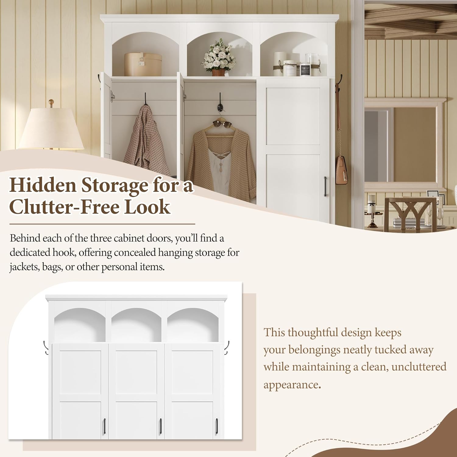 LUMISOL Farmhouse Hall Tree with 3 Hidden Storage for Hallway, Arched Design Mudroom Organizer with Walnut Bench, All-in-One Entryway Bench with Shoe Storage and 5 Hooks, White