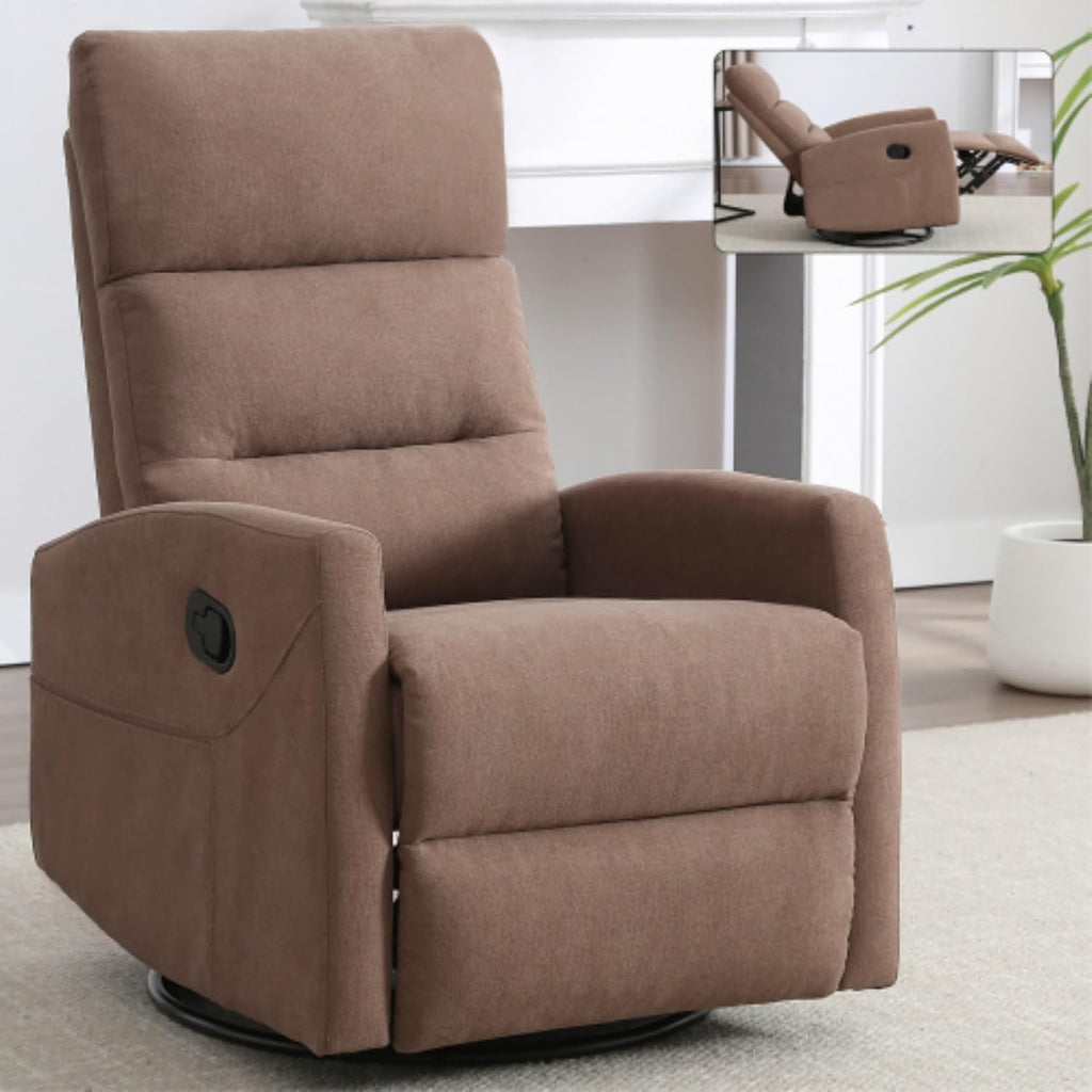 Manual Swivel Rocking Recliner Chair, Fabric Upholstered Glider Seat with 155 Degree Backrest Adjustment, Side Pull Handle, Foam Cushioned Support, Pocket Storage, Living Room Nursery (Brown)