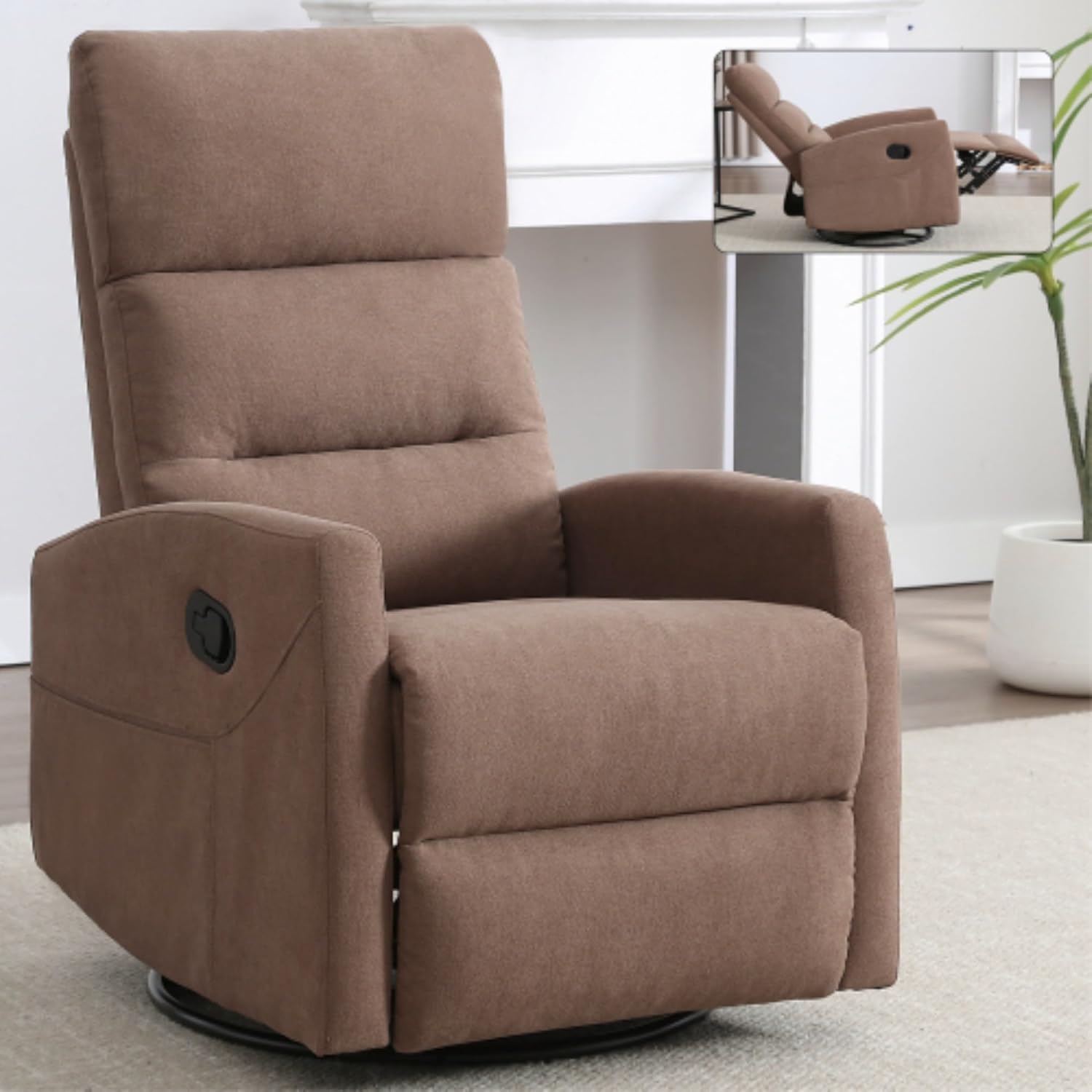 Manual Swivel Rocking Recliner Chair, Fabric Upholstered Glider Seat with 155 Degree Backrest Adjustment, Side Pull Handle, Foam Cushioned Support, Pocket Storage, Living Room Nursery (Brown)
