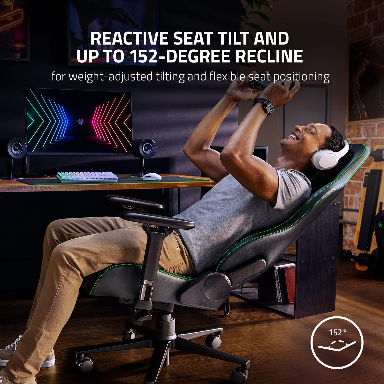 Razer Enki Gaming Chair: All-Day Gaming Comfort - Built-in Lumbar Arch - Optimized Cushion Density - Dual-Textured, Eco-Friendly Synthetic Leather - Reactive Seat Tilt & 152-Degree Recline - Black