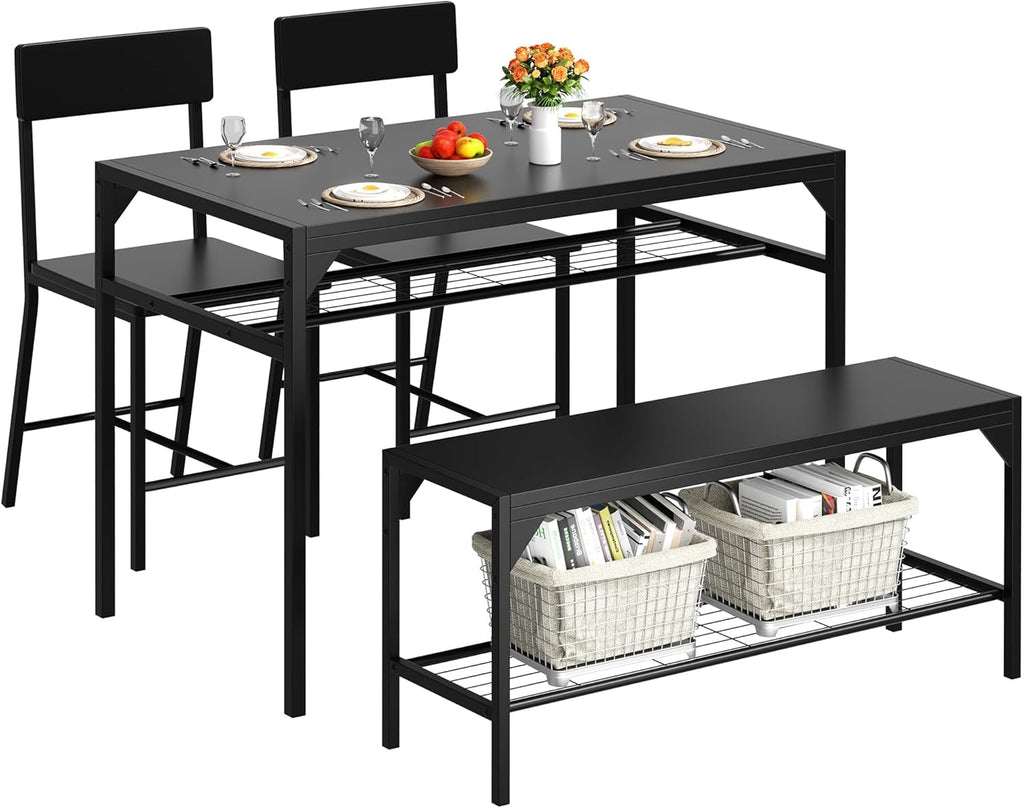 Shintenchi Kitchen Table Chairs Set of 4, Dining Table Set for 4 with Bench and Chairs, 4 Pieces Kitchen Table Set with Storage Rack & Metal Frame for Small Space, Solid Black
