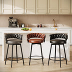 26" Counter Height Bar Stools Set of 2, Premium Faux Leather Barstools with Woven Backs Support & Heavy Duty Metal Legs, Upholstered 360°Swivel Bar Chairs for Kitchen Counter, Easy Assembly, Brown