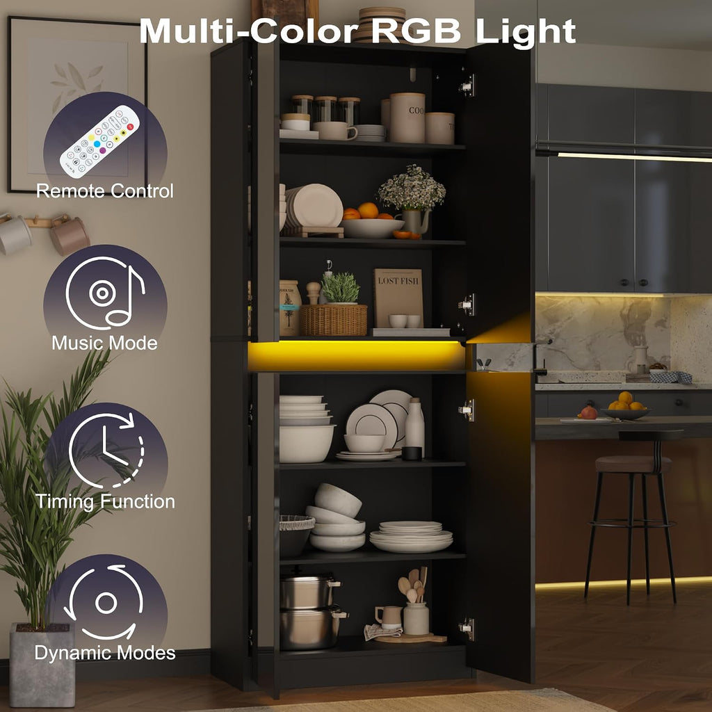 Furnify 71" Tall Pantry Storage Cabinet, Kitchen Pantry with High Gloss Doors, Modern Buffet Hutch Cabinet with Led Light and Adjustable Shelves for Dining Room, Living Room, Black