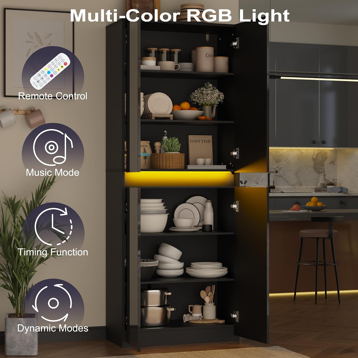 Furnify 71" Tall Pantry Storage Cabinet, Kitchen Pantry with High Gloss Doors, Modern Buffet Hutch Cabinet with Led Light and Adjustable Shelves for Dining Room, Living Room, Black