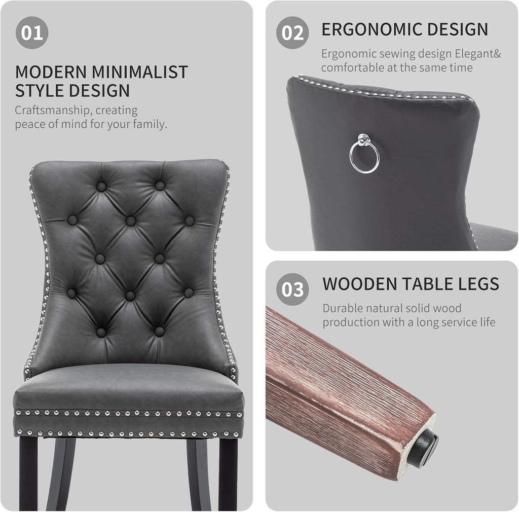 Leather Dining Chairs Set of 4, Upholstered Dining Room Chairs with Nailhead Trim, Sillas de Comedor Modernas 4, Wooden Kitchen Chairs for Dining Room, Living Room, Kitchen, Bedroom, Grey