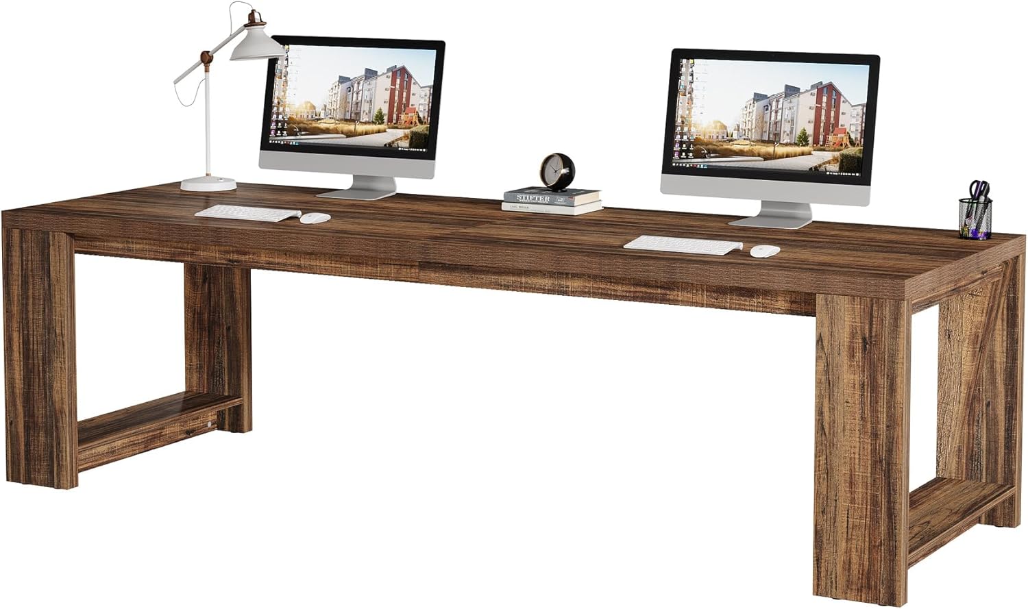 Tribesigns Two Person Desk, 86.6-Inch Extra Long Computer Desk, Two Person Double Desk Workstation for Home Office, Rustic Brown