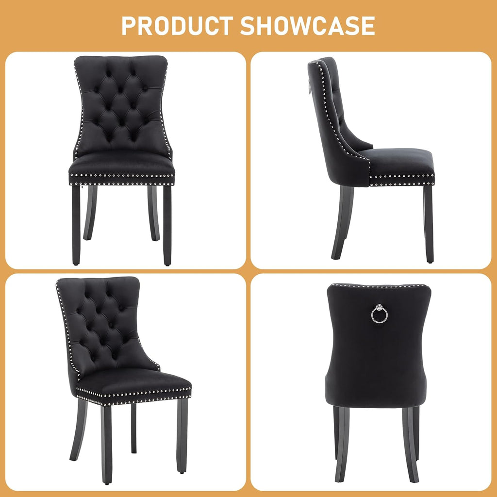 Mid Century Modern Dining Chair Set of 4 Velvet Upholstered Dining Room Chair Farmhouse Dining Accent Chairs with High Back and Nailhead Trim for Kitchen, Living Room, Bedroom (Black)