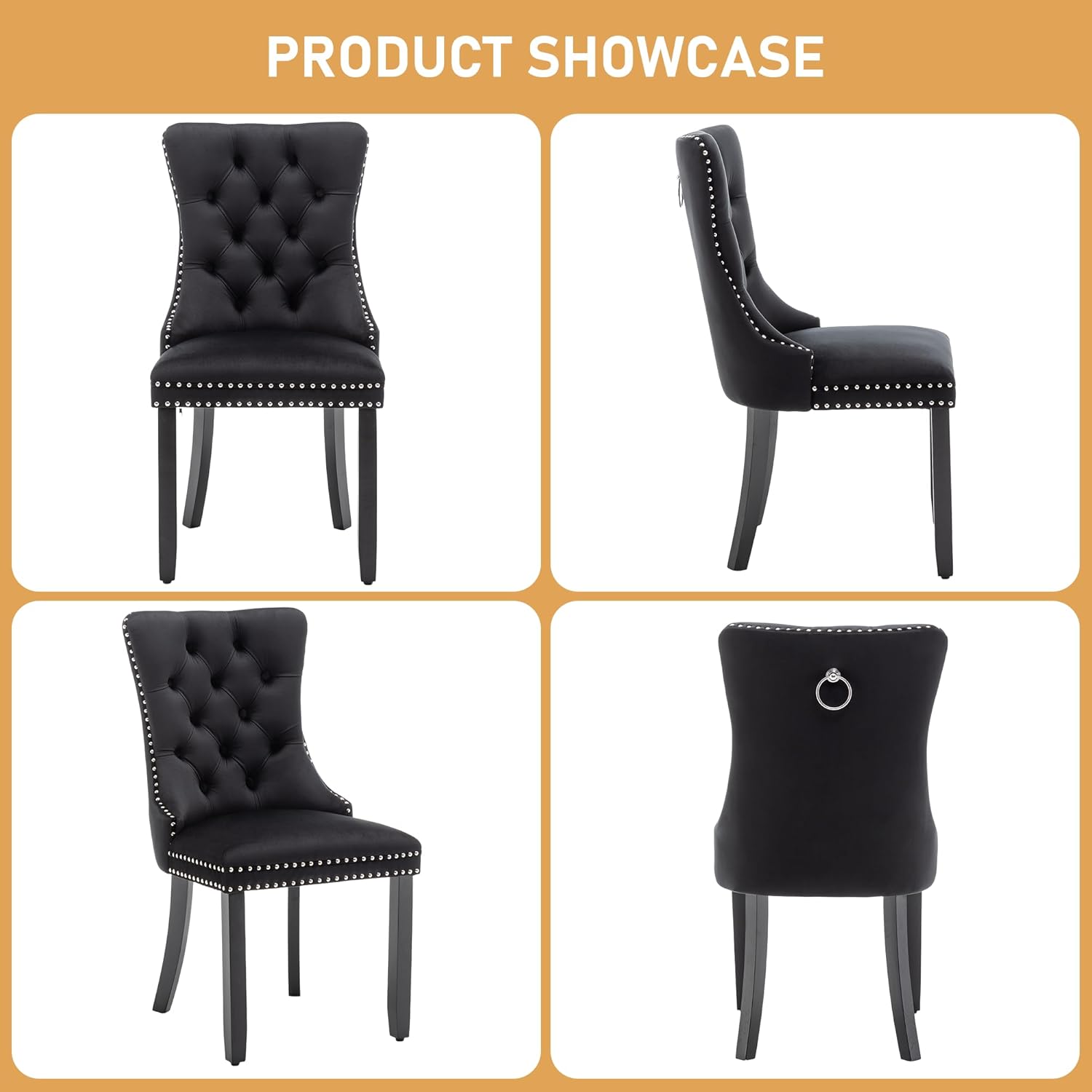 Mid Century Modern Dining Chair Set of 4 Velvet Upholstered Dining Room Chair Farmhouse Dining Accent Chairs with High Back and Nailhead Trim for Kitchen, Living Room, Bedroom (Black)