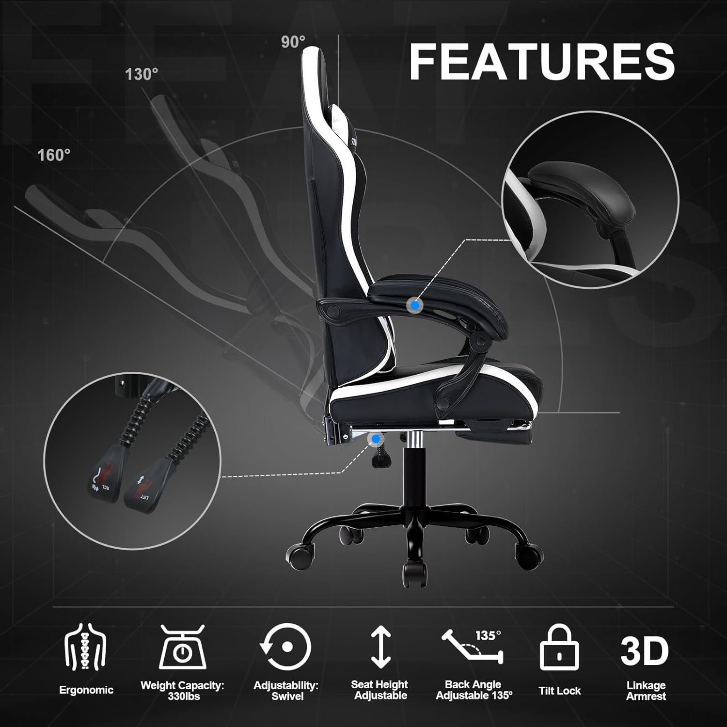 GTPLAYER Gaming Chair High Back Computer Chairs with Foot Rest for Adults, Ergonomic Height Adjustable Recliner Chair 300lbs with Linkage Armrest and Lumbar Support for Home Office, White