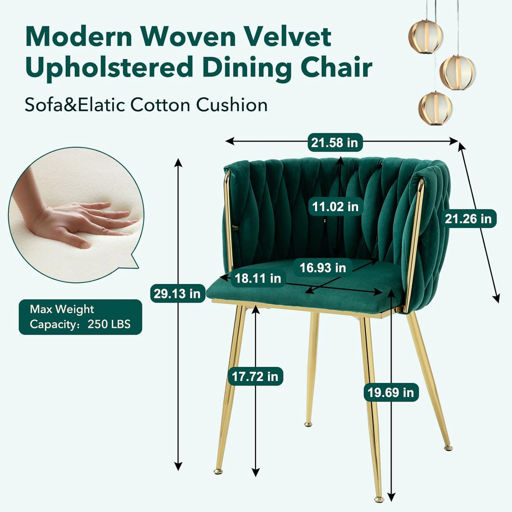 NIOIIKIT Modern Velvet Dining Chairs Hand Weaving Accent Chairs Living Room Chairs Upholstered Side Chair with Golden Metal Legs for Dining Room Kitchen Vanity Living Room (Emerlad)