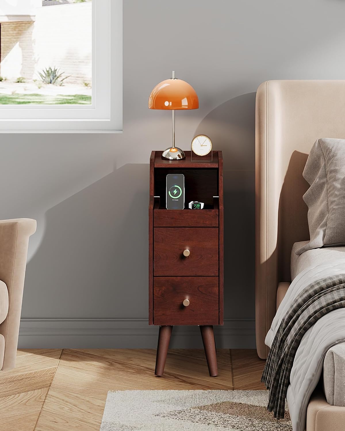 WLIVE Narrow Nightstand with Drawers, Narrow Bedside Tables with Open Shelf & Cable Hole, Small Nightstand for Bedroom, Modern Storage Side Table for Small Spaces/Living Room, Cherry