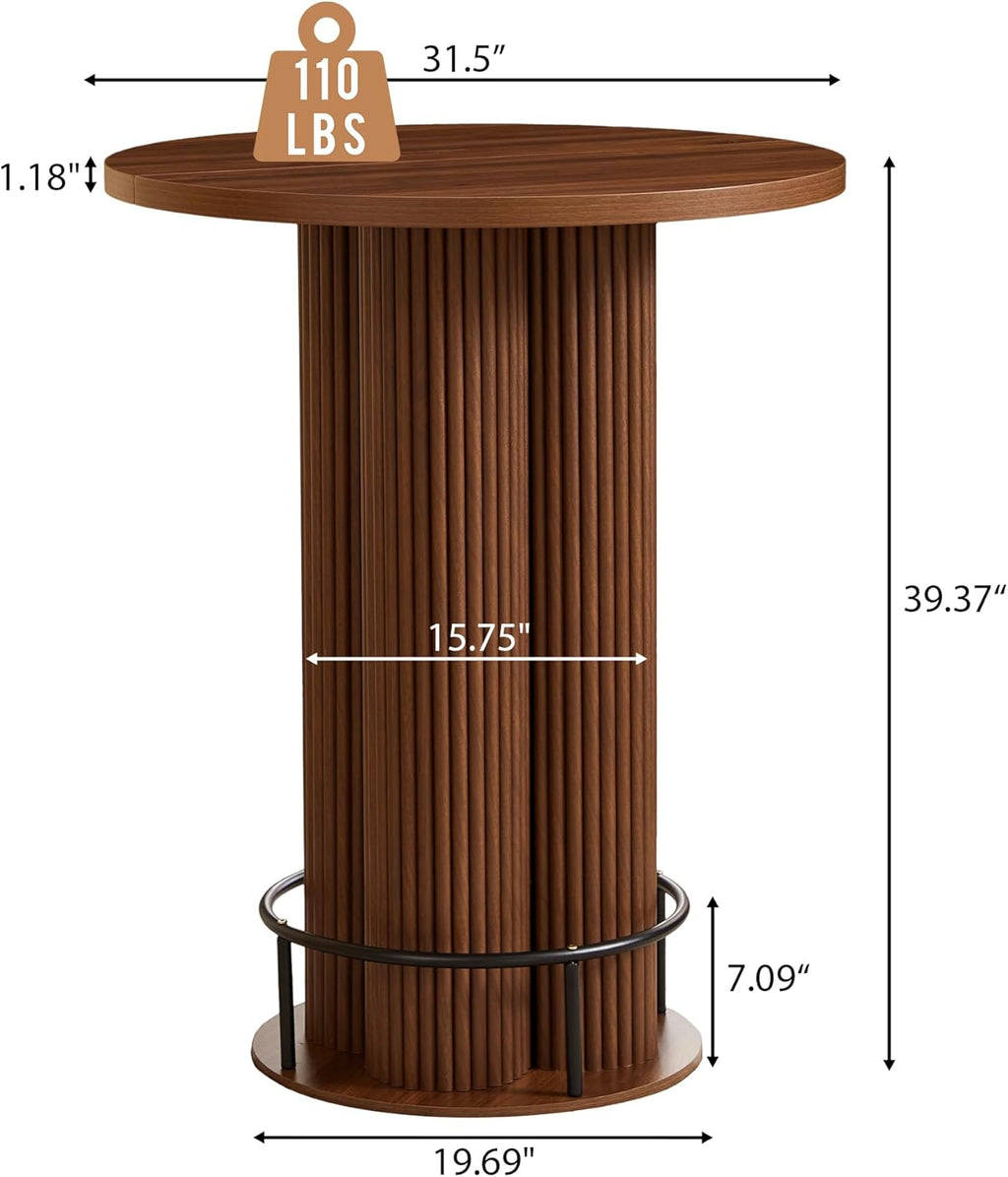 Bar Table, 39.37" H Round Bistro Table Fluted Pub Table with Base & Metal Ring Footrest Wood Cocktail Desk for Patio, Coffee House, Living Room, Kitchen, Small Space [Chairs Not Included]
