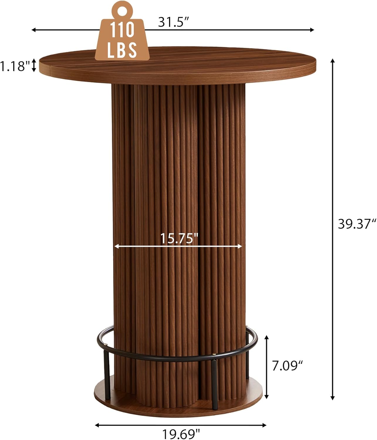 Bar Table, 39.37" H Round Bistro Table Fluted Pub Table with Base & Metal Ring Footrest Wood Cocktail Desk for Patio, Coffee House, Living Room, Kitchen, Small Space [Chairs Not Included]