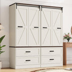 Farmhouse Wardrobe Armoire Closet with 4 Doors and 4 Drawers, 72" Wooden Clothing Storage Cabinet, Freestanding Large Capacity Storage Wardrobe Armoire with Hanging Rod for Bedroom,Antique White