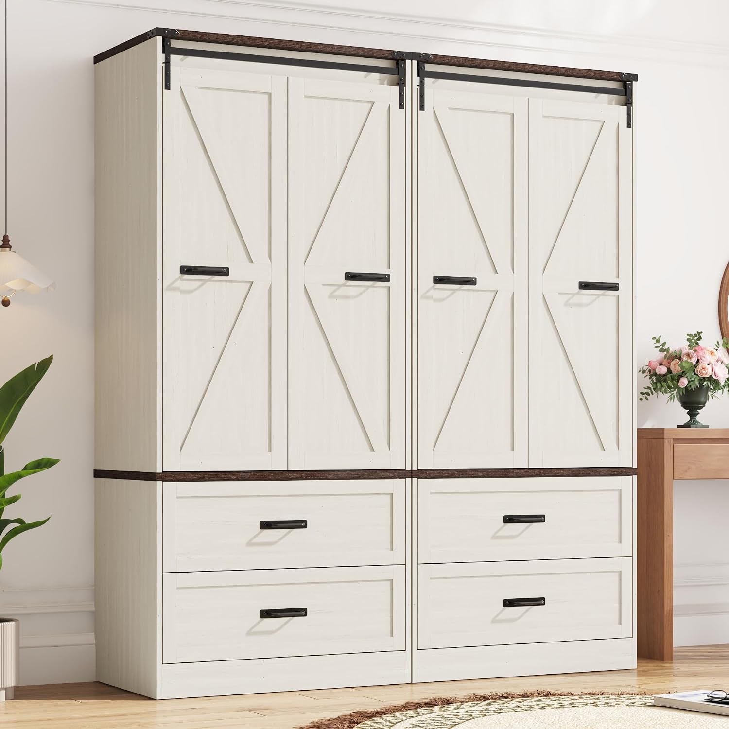 Farmhouse Wardrobe Armoire Closet with 4 Doors and 4 Drawers, 72" Wooden Clothing Storage Cabinet, Freestanding Large Capacity Storage Wardrobe Armoire with Hanging Rod for Bedroom,Antique White