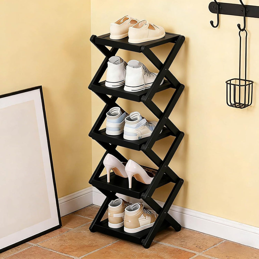 Foldable Bamboo Rack for Shoes, Tall Narrow Vertical Shoe Organizer, Space-Saving Multifunctional Shelf with Strong Load-Bearing for Entryway Corner Bedroom (Brown) Black_5 Layers 2-8 Layers