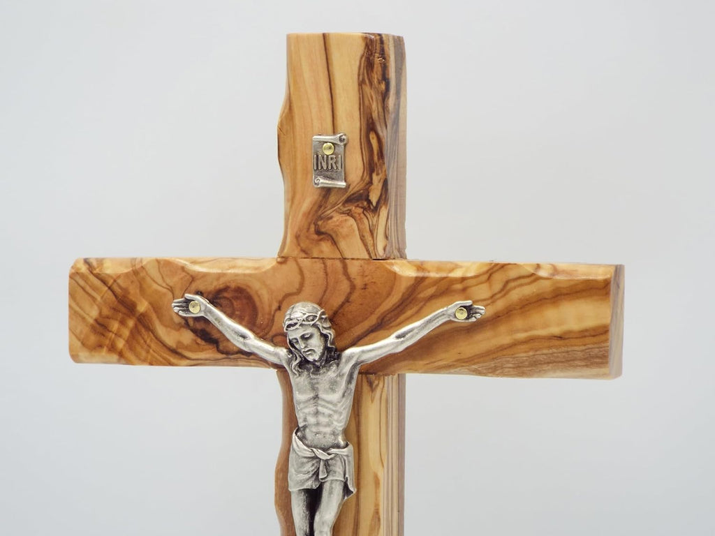 King David Market Olive Wood Crucifix Cross (8 Inch), Wall Hanging Christian Crucifix Featuring a Decorative Natural Stone from Jerusalem, Handcrafted Religious Décor