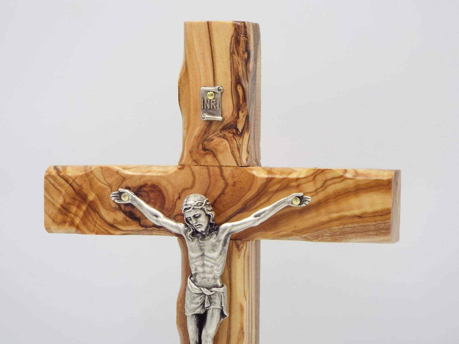 King David Market Olive Wood Crucifix Cross (8 Inch), Wall Hanging Christian Crucifix Featuring a Decorative Natural Stone from Jerusalem, Handcrafted Religious Décor