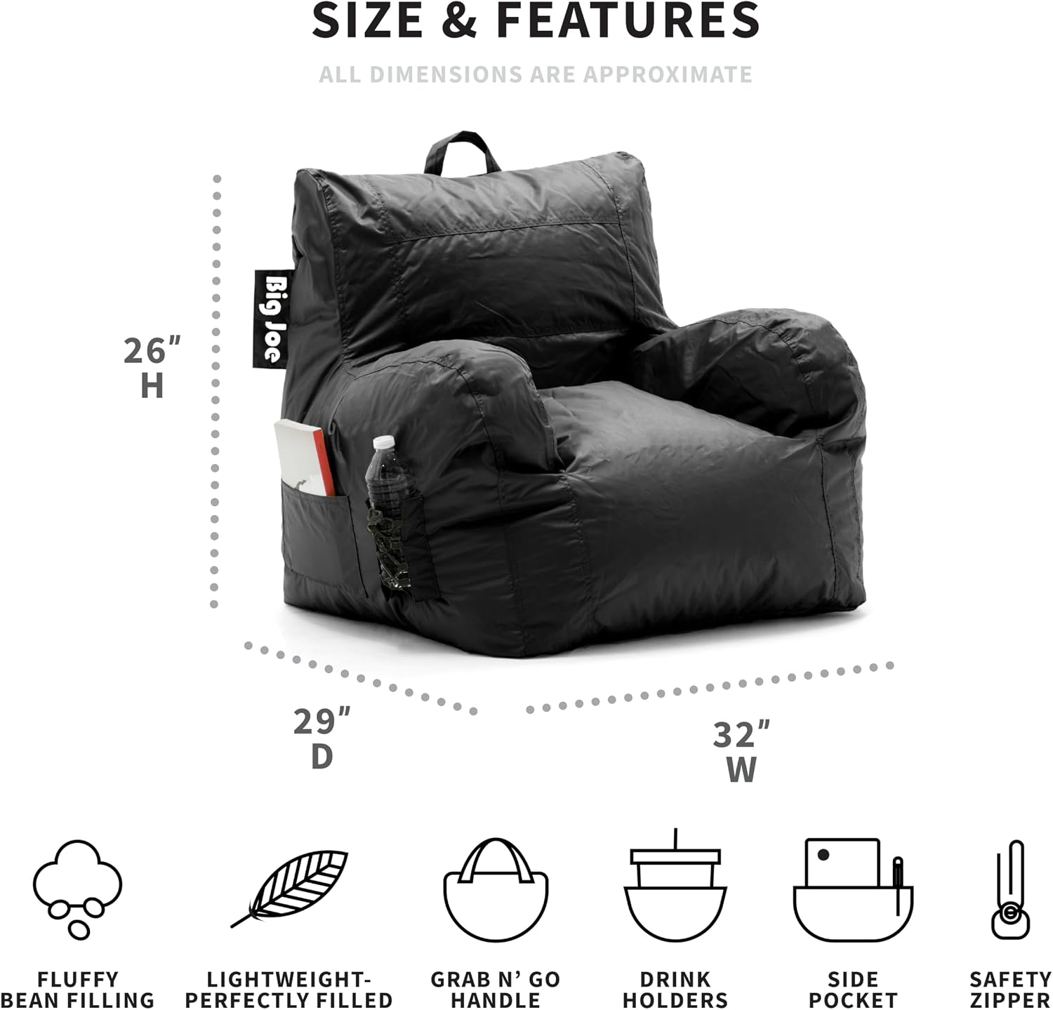 Big Joe Bean Bag Chairs Bundle - Hug Chair Gray 34.5" W and Dorm Chair Black 33" L for Comfortable Lounging