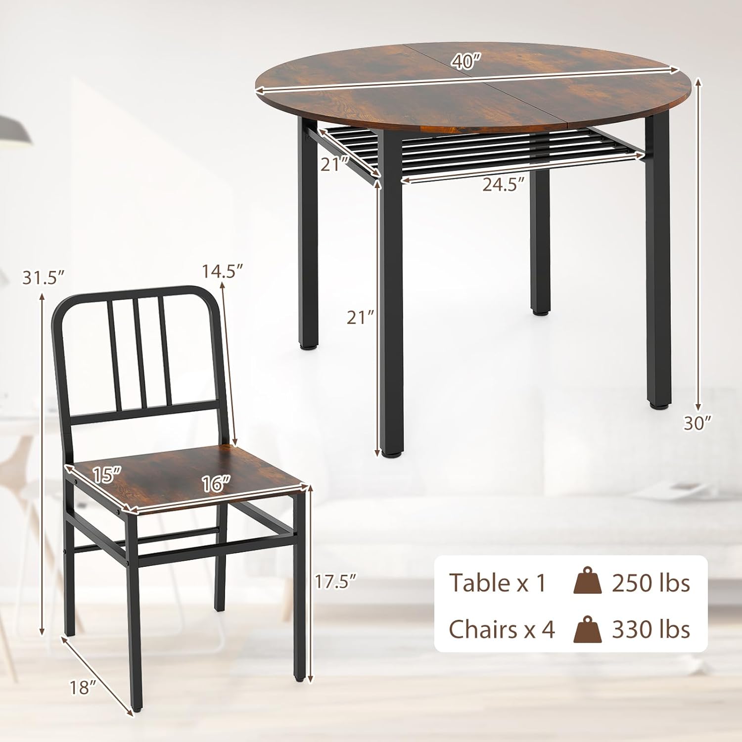 GOFLAME 5-Piece Round Dining Table Set for 4, Space-Saving Kitchen Table and Chairs Set with Storage Shelf, Industrial Wooden Dinette Set for Dining Room, Living Room, Breakfast Nook, Rustic Brown
