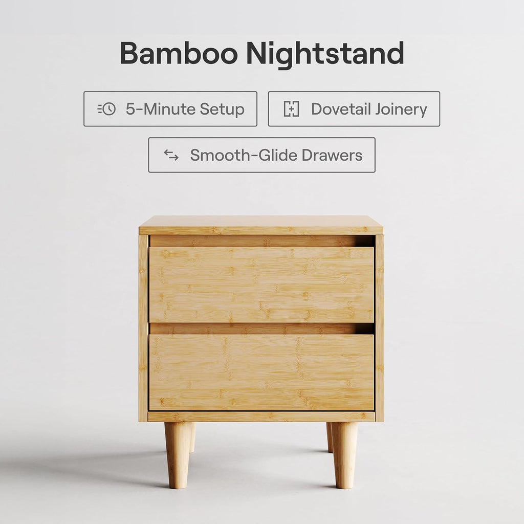 Nectar Bamboo Nightstand, Natural, 23" Height, Japanese Joinery | Bamboo Wood, Artisinal Japense Joinery, 2-Smooth Gliding Drawers, No-Tool Assembly