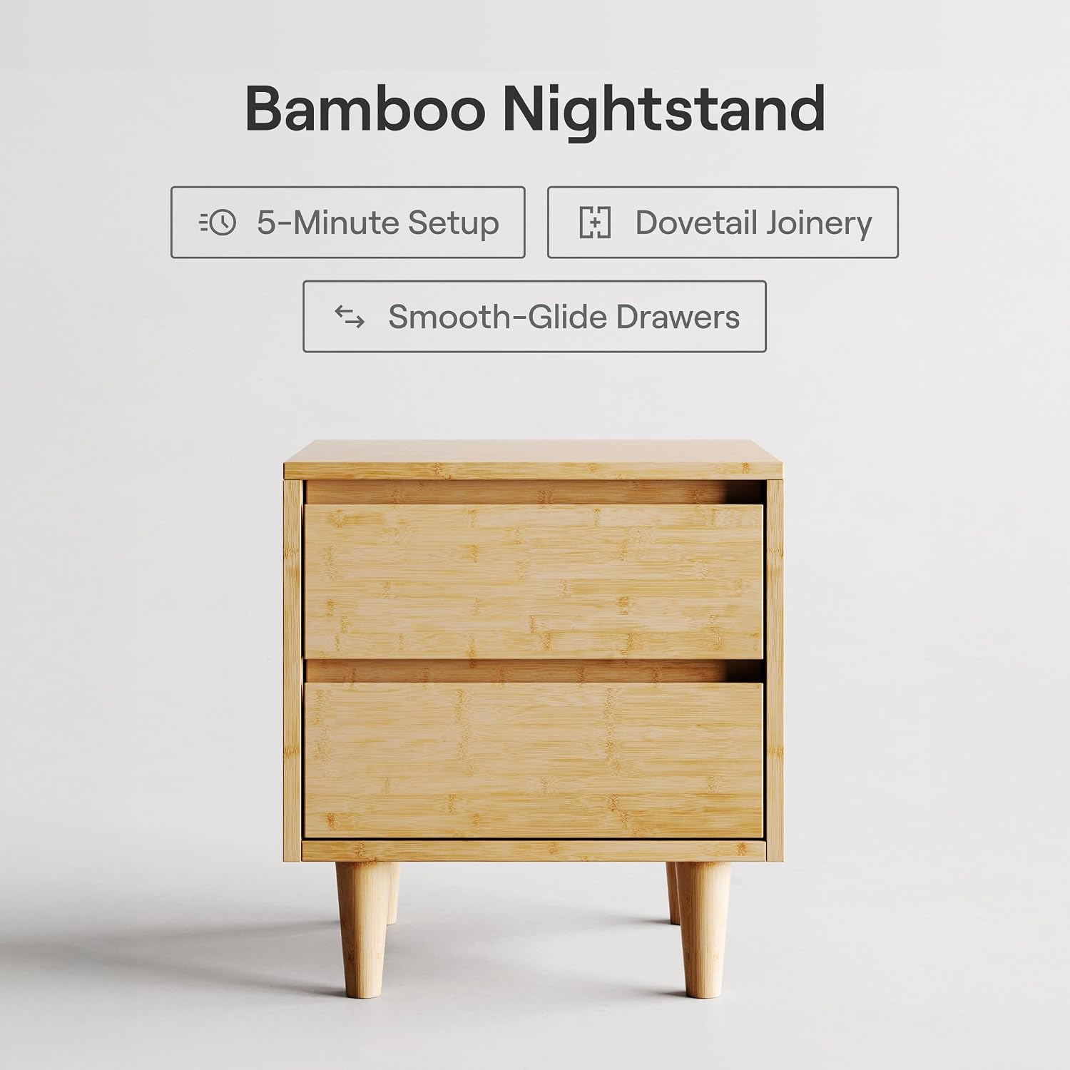 Nectar Bamboo Nightstand, Natural, 23" Height, Japanese Joinery | Bamboo Wood, Artisinal Japense Joinery, 2-Smooth Gliding Drawers, No-Tool Assembly