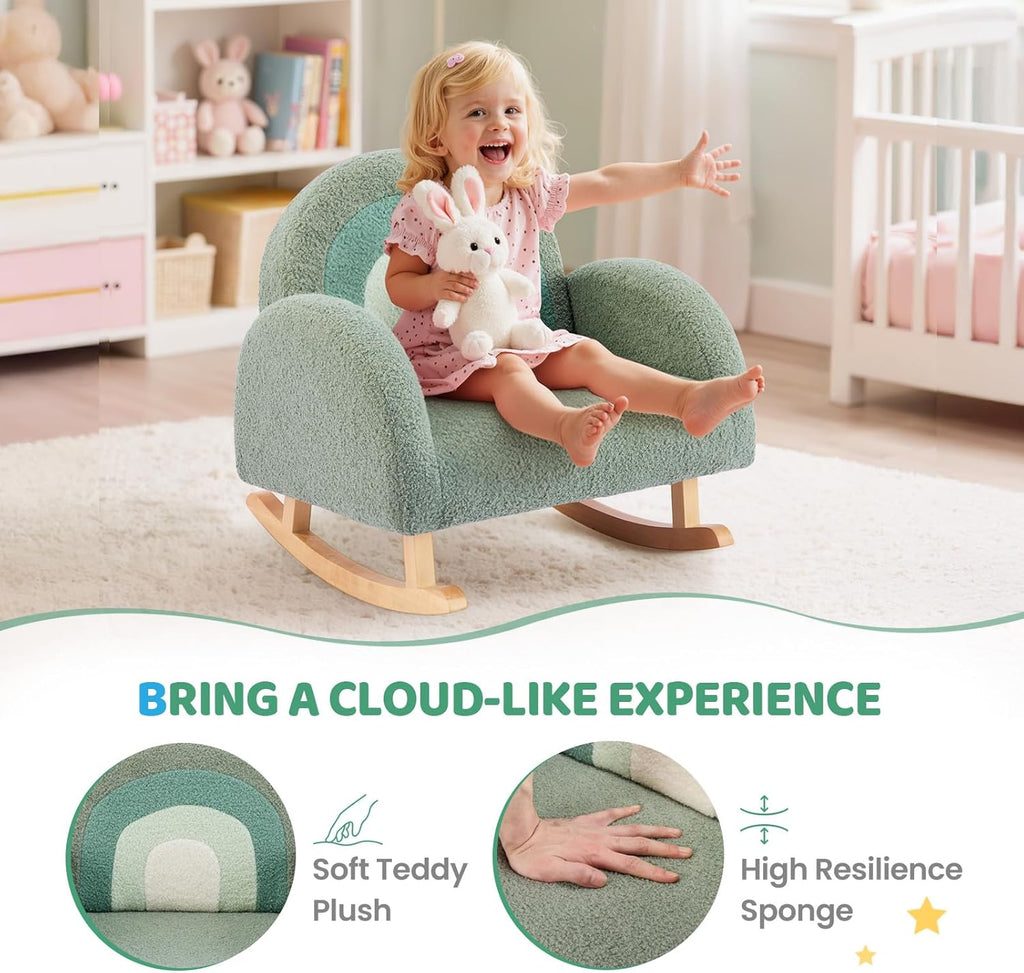 JOYMOR Kids Chair, Teddy Fleece Toddler Rocking Chair with Solid Wood Legs, Anti-Tip Design, Kids Sofa for Nursery, Playroom, Green