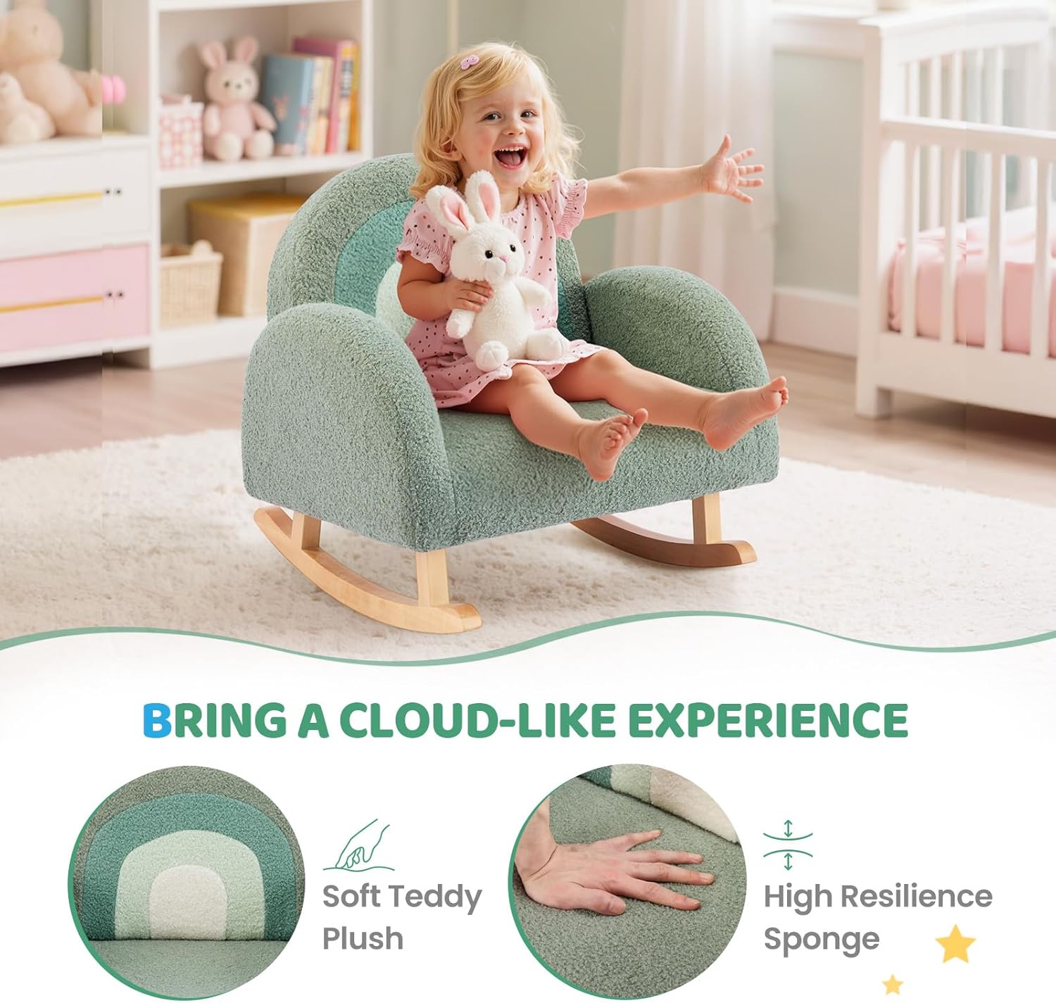 JOYMOR Kids Chair, Teddy Fleece Toddler Rocking Chair with Solid Wood Legs, Anti-Tip Design, Kids Sofa for Nursery, Playroom, Green