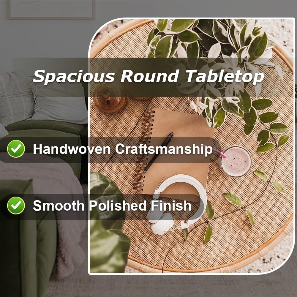 Natural Thick Rattan Coffee Table, Hand-Woven Living Room Furniture, Sturdy Side Table with Rounded Edge, Round Center Table for Living Room, Bedroom, Balcony(Brown,Large)