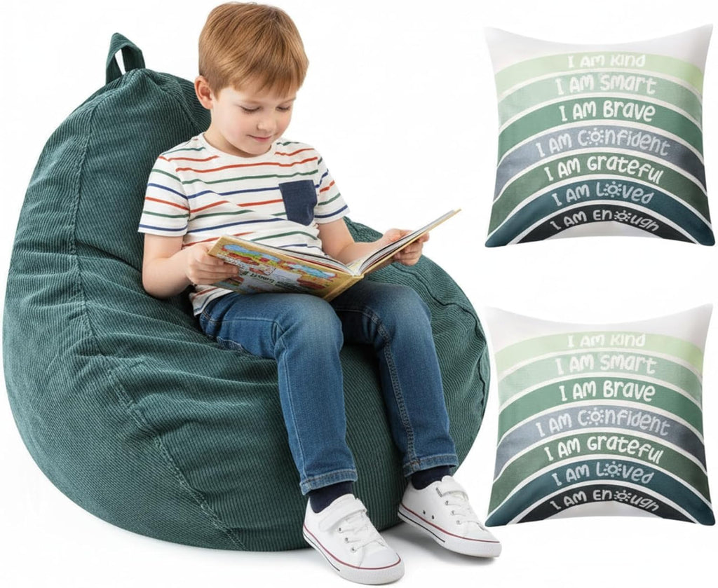 Cozy Corner for Kids Classroom Storage Bean Bag Chair Cover (No Filler) with Rainbow Throw Pillow Covers, Bean Bag Chair for Reading Nook, Classroom, Nursery(Small, Rainbow, Green)