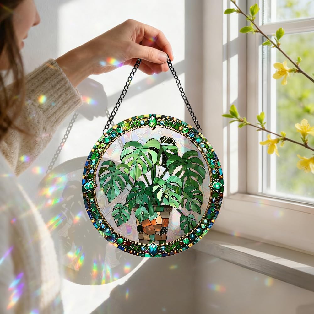 Acrylic Suncatcher Window Hanging, Leaf Sun Catcher Rainbow Indoor Window Decoration for Living Room Bedroom, Summer Home Balcony Ornaments Deco, 7.87 x 7.87 inches (64 Leaf)