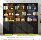 Cyclysio 80" Tall Pantry Cabinet with Motion Sensor LED Lights, Kitchen Storage Cabinet for Coffee Bar and Dining Room, Tall Bookshelf with 3.15" Baseboard Cutout, Drawer and Cupboard, Black