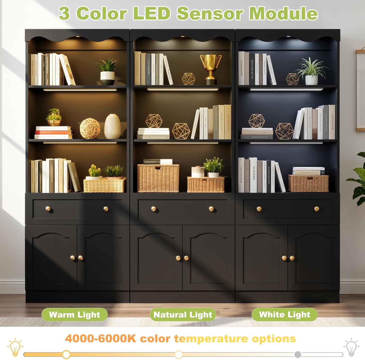 Cyclysio 80" Tall Pantry Cabinet with Motion Sensor LED Lights, Kitchen Storage Cabinet for Coffee Bar and Dining Room, Tall Bookshelf with 3.15" Baseboard Cutout, Drawer and Cupboard, Black