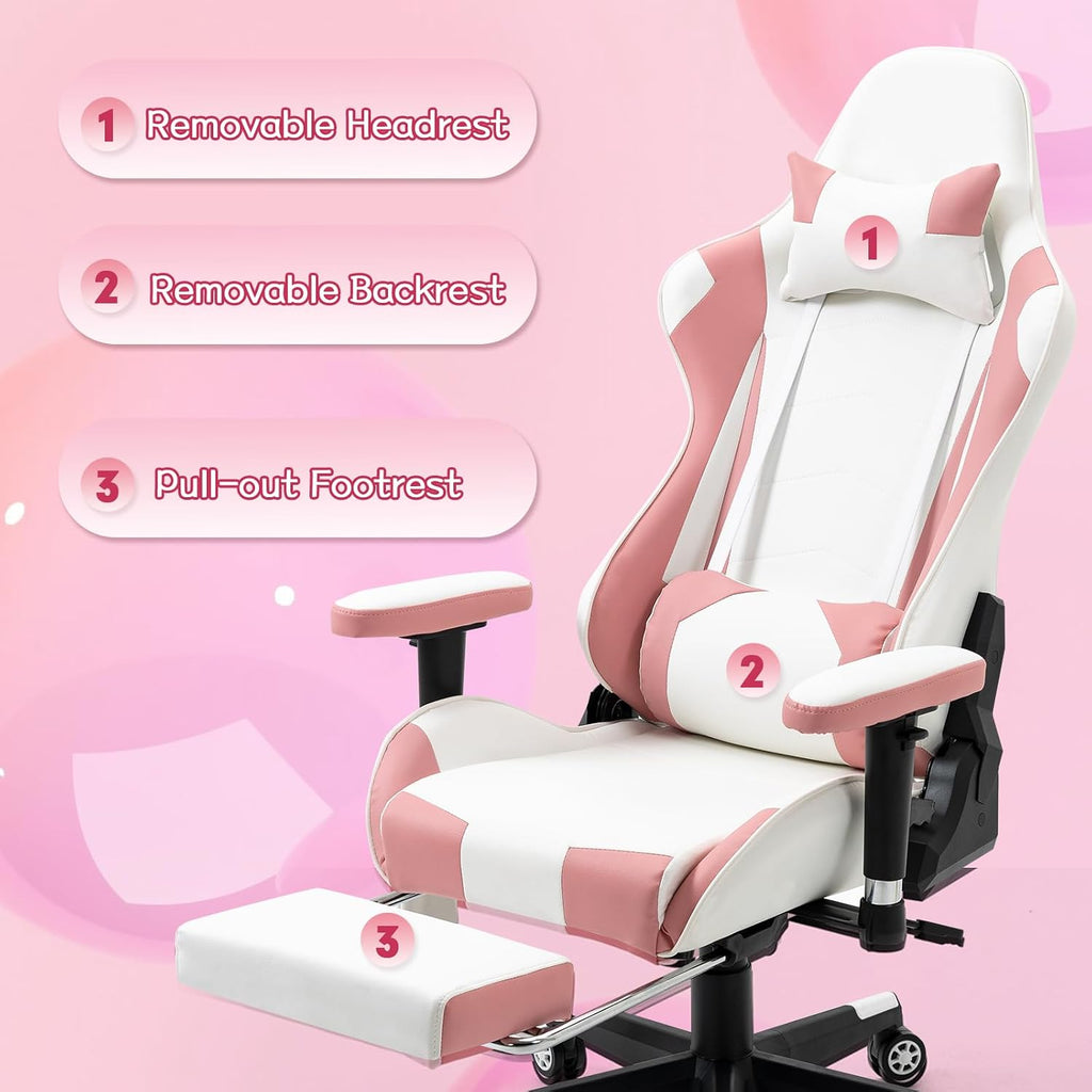 Massage Gaming Chair w/Footrest Video Racing Chair PC High Back Desk Computer Chair PU Leather Recliner w/Headrest and Lumbar Pillow, Pink-White