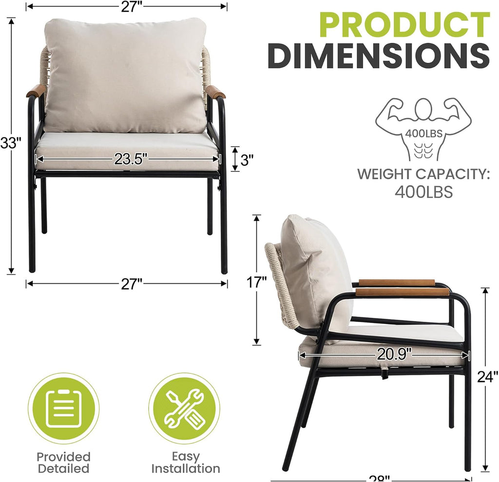 Modern Outdoor Lounge Chairs Set of 2, All-Weather Patio Accent Chairs with Thick Cushions & Durable Metal Frame for Backyard Seating, Balcony, Garden & Outdoor Living, Beige
