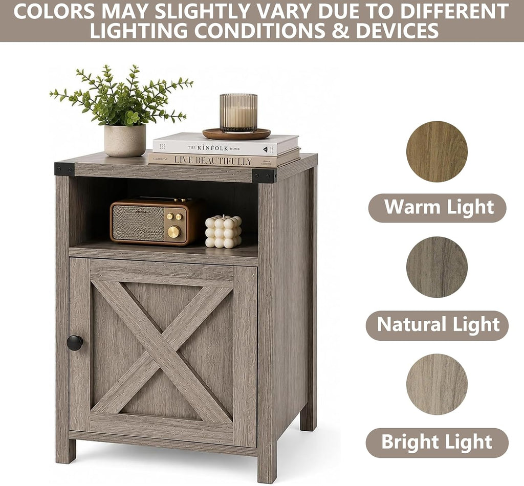 Catrimown Farmhouse End Table, Nightstand Set of 2, Rustic Night Stand with Barn Door and Storage Shelf, Gray End Table, Side Table for Bedroom Living Room, Gray Wash