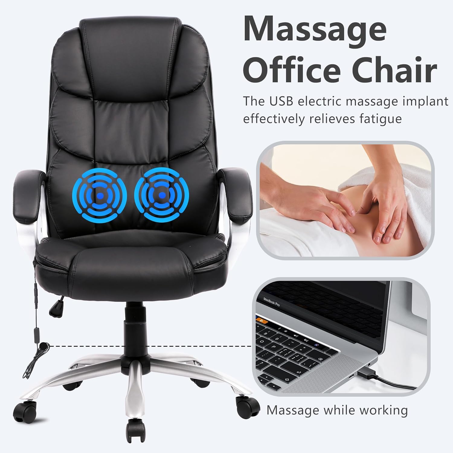 FDW Office Chair Massage Computer Chair High Back Adjustable Desk Chair Rolling Swivel Executive Chair PU Leather with Lumbar Support Arms Headrest Task Chair,Black